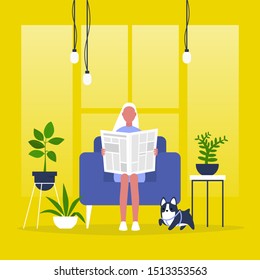 Young female character reading a newspaper. News. Digital vs analog. Lifestyle. Morning habits. Flat editable vector illustration, clip art