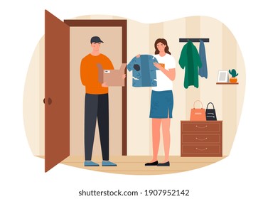 Young female character received a parcel with defective clothes. Male courier delivered torn and dirty clothes. Concept of online shopping and delivery. Flat cartoon vector illustration