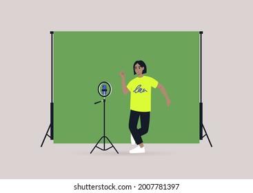 A young female character recording a dancing challenge video with their mobile phone on a tripod, chroma key background, modern gen z lifestyle