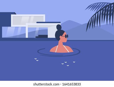 Young female character refreshing 
in a swimming pool, hot summer days recreation, luxurious private swimming pool, beautiful modern villa