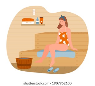 Young female character is relaxing in hot sauna bath. Woman in colorful swimsuit is sitting and enjoing time in sauna. Flat cartoon vector illustration