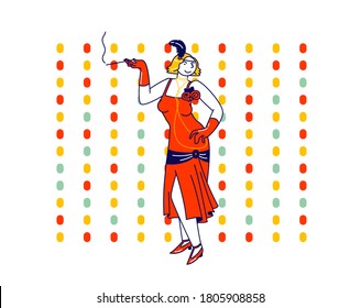 Young Female Character In Retro Dress Visiting Night Club Dancing Disco Dance And Smoking Mouthpiece. The Roaring 1920, Girl Flapper Dancer In Red Vintage Costume Posing. Linear Vector Illustration