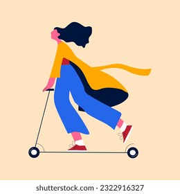 Young female character ride modern urban transport electric kick scooter. Flat vector