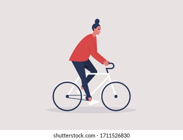 Young female character riding a bike, millennial lifestyle