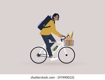 A young female character riding a bike with a basket and a bottle holder, modern lifestyle