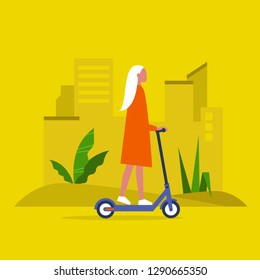 Young female character riding an electric scooter. Urban  transportation. Modern technologies. Millennial lifestyle. Active young adults. Flat editable vector illustration, clip art