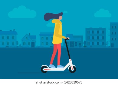 Young female character riding modern urban transportation electric kick scooter. Active hipster adult millennial lifestyle ecology technologies. Flat vector illustration on cityscape background