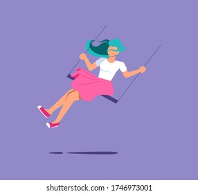 Young female character riding a swing and having fun. Emotions and mood metaphor. Isolated on purple. Flat Art Vector Illustration