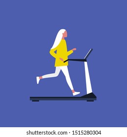 Young female character running on a treadmill. Gym. Sport. Active lifestyle. Flat editable vector illustration, clip art