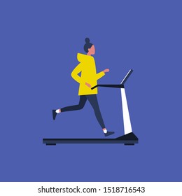 Young female character running on a treadmill. Gym. Sport. Active lifestyle. Flat editable vector illustration, clip art