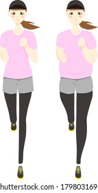 Young female character running on a treadmill in the gym, Sport and Active lifestyle