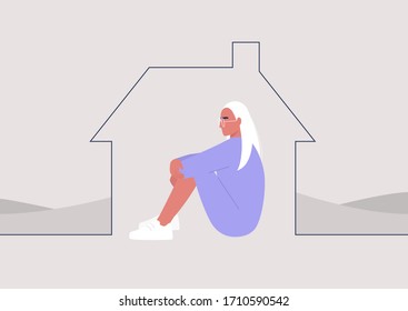 Young female character self isolated at home, quarantine and social distancing