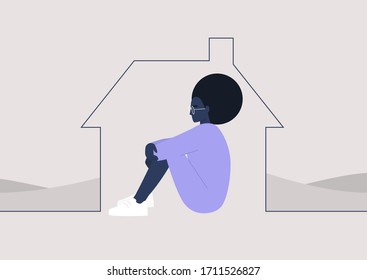 Young  female character self isolated at home, quarantine and social distancing