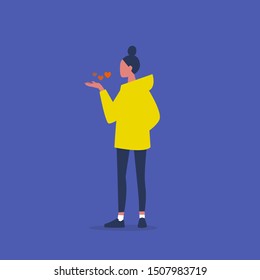 Young female character sending a blown kiss. Emotions. Dating. Lovers. Flat editable vector illustration, clip art