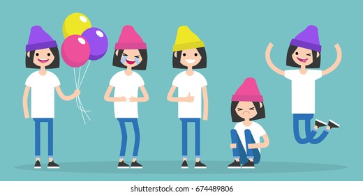 Young female character. Set of different poses and emotions / flat editable vector illustration, clip art