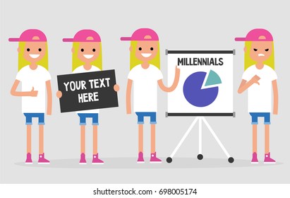 Young female character. Set of different activities and emotions / flat editable vector illustration, clip art