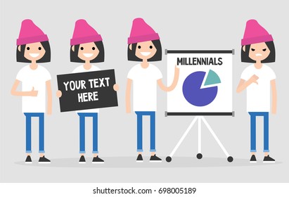 Young female character. Set of different activities and emotions / flat editable vector illustration, clip art