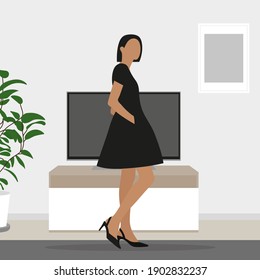 Young female character in short black dress and shoes stands in the room in front of the TV