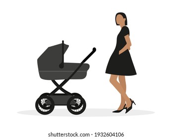 Young female character in a short dress stands near a baby carriage on a white background