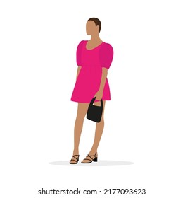 A young female character with short hair and a short pink dress is standing on a white background