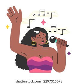Young female character singing song with professional studio microphone. Voice record of modern vocalist. Pop musician live performing. Flat vector illustration