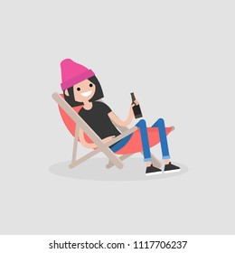 Young female character sitting in a chaise lounge and drinking beer. Vacation. Summer. Weekend. Outdoor. Flat editable vector illustration, clip art