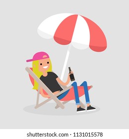 Young female character sitting in a chaise lounge under the beach umbrella  and drinking beer. Vacation. Summer. Weekend. Outdoor. Flat editable vector illustration, clip art