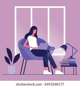 Young Female Character Sitting Comfortably with a Laptop in a Modern Living Room: Contemporary Office Interior Design for Millennials at Work, Home Office Setup with Minimalist Furniture and Natural L