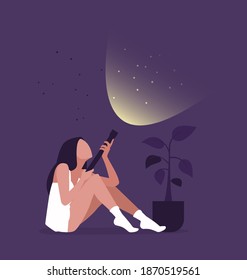 Young female character sitting and holding a flashlight and illuminate dots. Flat editable vector illustration, clip art