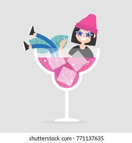 Young female character sitting in a huge glass with a cocktail. Night life concept. Flat editable vector illustration, clip art