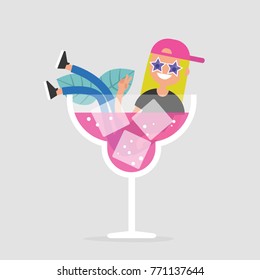 Young female character sitting in a huge glass with a cocktail. Night life concept. Flat editable vector illustration, clip art