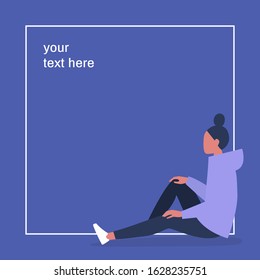 Young female character sitting inside a frame, your text here, design template