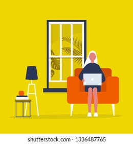 Young female character sitting with a laptop in a living room. Modern office interior. Millennials at work. Flat editable vector illustration, clip art