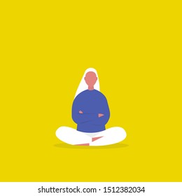 Young female character sitting in a lotus pose with arms crossed. Inner tension. Balance. Flat editable vector illustration, clip art