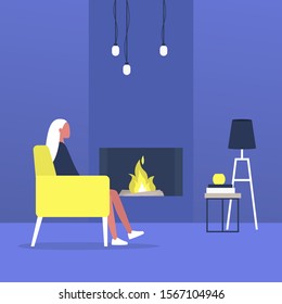 Young female character sitting next to a fireplace, modern living room interior