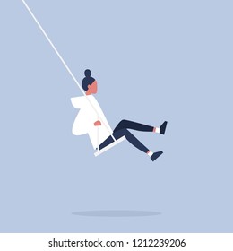 Young female character sitting on a swing. Modern lifestyle. Having fun. Flat editable vector illustration, clip art