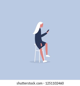 Young female character sitting on the bar stool and holding a smartphone. Millennial lifestyle. Social media. Flat editable vector illustration, clip art