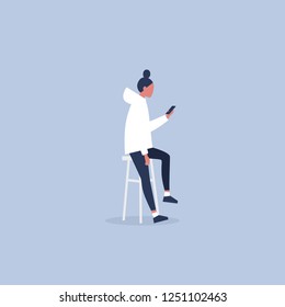 Young female character sitting on the bar stool and holding a smartphone. Millennial lifestyle. Social media. Flat editable vector illustration, clip art