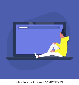 Young female character sitting on a laptop, copy space, design template