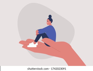 A young female character sitting on a hand palm, psychotherapy, help and support, a counseling session