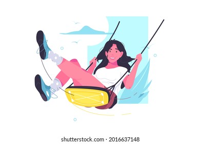 Young female character sitting on swing vector illustration. Leisure time, swinging on swing flat style. Summer, joy, entertainment concept