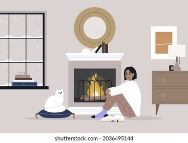 A young female character sitting on the floor in front of the mantelpiece, cozy winter interior, pet-friendly environment