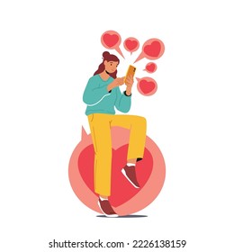 Young Female Character Sitting on Huge Heart Icon Giving Likes in Social Media. Woman Use Online Dating Service Application. Girl with Smartphone Looking For Couple. Cartoon People Vector Illustration