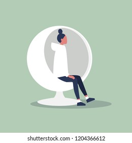 Young female character sitting in a sphere chair. Modern interior. Flat editable vector illustration, clip art