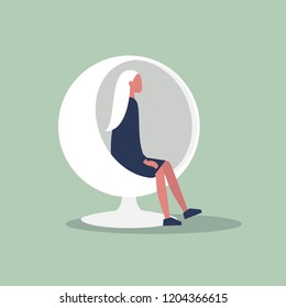 Young female character sitting in a sphere chair. Modern interior. Flat editable vector illustration, clip art