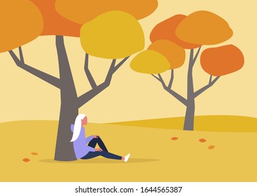 Young female character sitting under the tree, autumn outdoor leisure, hiking