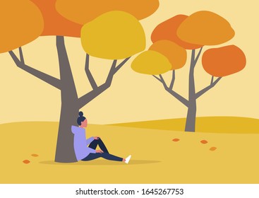 Young female character sitting under the tree, autumn outdoor leisure, hiking