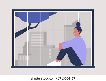 Young female character sitting at the window,  big city panorama, millennial lifestyle