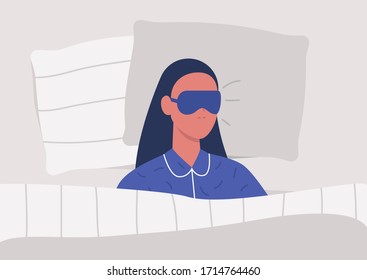 Young female character sleeping in bed, top view, bedroom in a morning