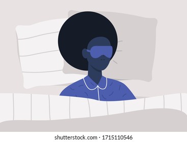 Young female character sleeping in bed, top view, bedroom in a morning